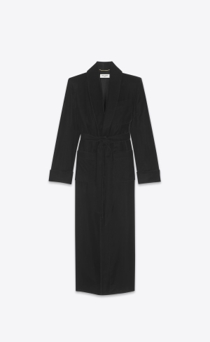 YSL Long Belted Coat In Cupro Velvet Čierne | 93102-KNCU