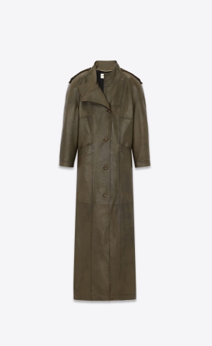 YSL Long Coat In Lambskin Kaki Fonce | 98261-KFWN