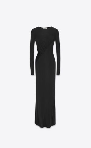 YSL Long Draped Saty In Crepe Jersey Čierne | 05374-KIQD