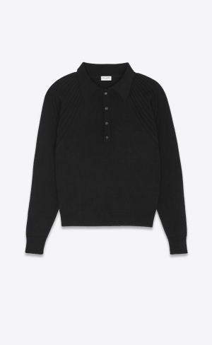 YSL Long-sleeve Polo Shirt In Cashmere Noir | 34712-ROEJ