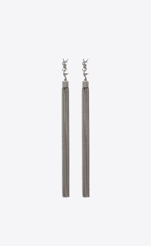 YSL Loulou Earrings With Chain Tassels In Silver Brass Strieborne | 53146-ZUNO