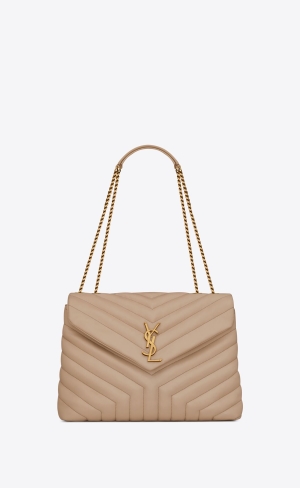 YSL Loulou Medium Chain Bag In Prešívané "Y" Kozene Tmavo Béžové | 93458-CLHM