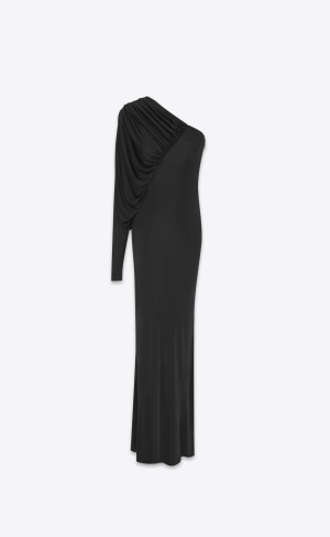 YSL One Shoulder Long Saty In Shiny Jersey Čierne | 43790-NFWZ