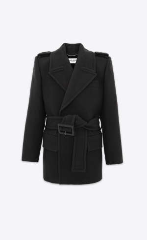 YSL Oversize Shoulder Coat In Vlna Felt Noir Brillant | 50437-GDZO