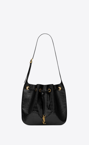 YSL Paris Vii Medium Hobo Bag In Crocodile-embossed Lakovane Kozene Čierne | 80164-KJNE