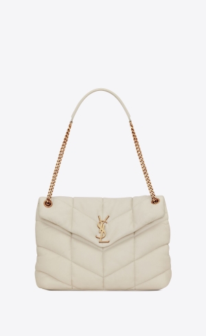 YSL Puffer Medium Chain Bag In Prešívané Lambskin Blanc Vintage | 95836-YNUA