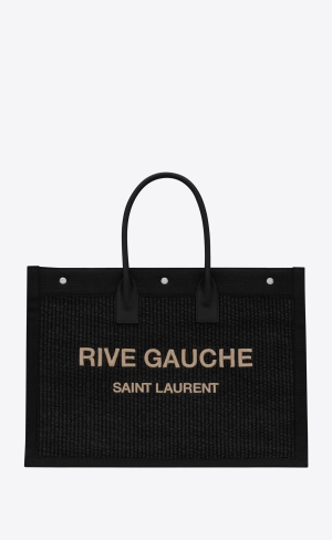 YSL Rive Gauche Large Tote Bag In Embroidered Raffia And Kozene Noir | 79641-NBIR