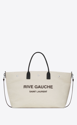 YSL Rive Gauche Maxi Shopping Bag In Printed Platene And Smooth Kozene Grege Et Noir | 65814-HNMT