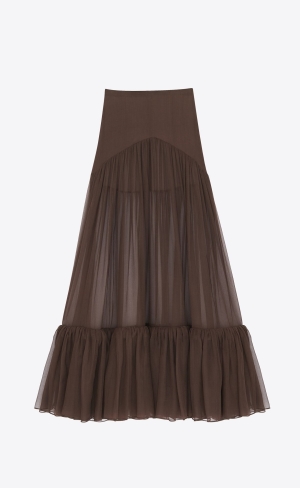 YSL Ruffled Long Skirt In Silk Marron Fonce | 16325-DQEB