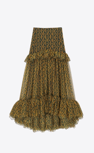 YSL Ruffled Long Skirt In Silk Vert Ocre | 85902-IHVP