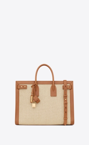 YSL Sac De Jour Thin Large In Linen And Vegetable-tanned Kozene Béžové Tmavo Červené | 94831-YTRQ