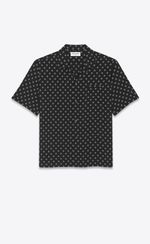 YSL Shark-collar Shirt In Dotted Viscose Noir Craie | 85672-HZKT