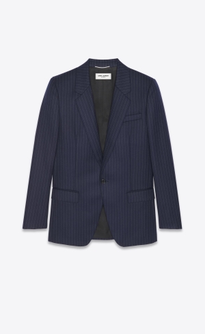 YSL Single-breasted Jacket In Tenisove Pruhované Vlna Modre | 82340-YBWK