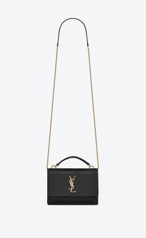 YSL Sunset Chain Wallet In Crocodile-embossed Shiny Kozene Noir | 14093-GVZB