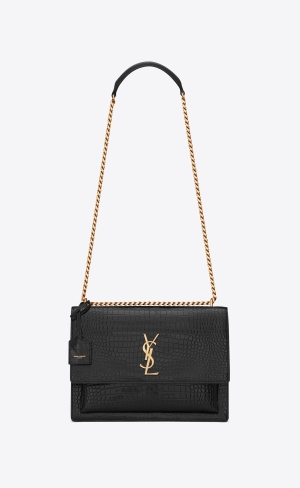 YSL Sunset Large Chain Bag In Crocodile-embossed Shiny Kozene Noir | 20769-PHAM