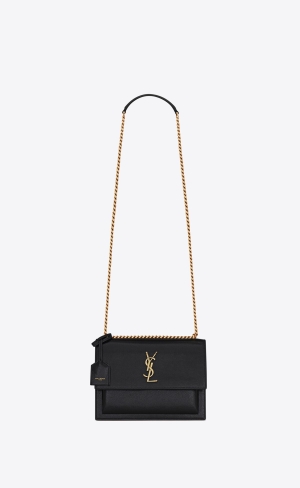 YSL Sunset Medium Chain Bag In Coated Bark Kozene Noir | 73895-ILSV