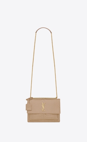 YSL Sunset Medium Chain Bag In Crocodile-embossed Shiny Kozene Tmavo Béžové | 62857-AKWL