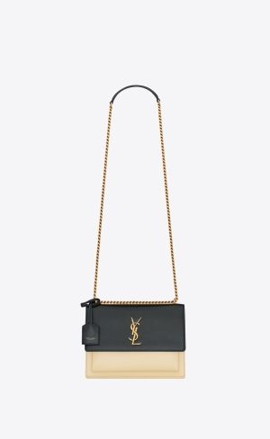 YSL Sunset Medium Chain Bag In Smooth Kozene Čierne Biele | 28046-QMOJ