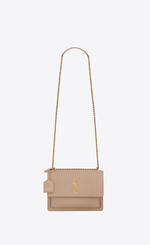 YSL Sunset Medium Chain Bag In Smooth Kozene Tmavo Béžové | 57248-VQYI