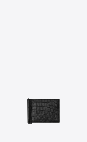 YSL Tiny Cassandre Bill Clip Wallet In Crocodile-embossed Kozene Čierne | 38059-WLSF