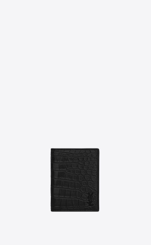 YSL Tiny Cassandre Credit Card Wallet In Crocodile-embossed Matte Kozene Čierne | 49802-SKTX