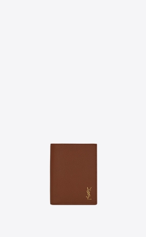 YSL Tiny Cassandre Credit Card Wallet In Grained Kozene Hnede | 61092-WAIJ