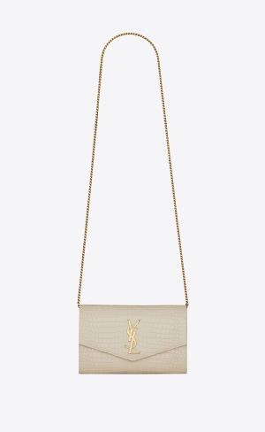 YSL Uptown Chain Wallet In Crocodile-embossed Shiny Kozene Blanc Vintage | 25894-KMEJ