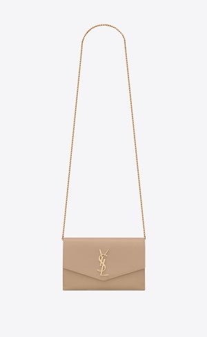 YSL Uptown Chain Wallet In Grain De Poudre Embossed Kozene Tmavo Béžové | 14205-LFON