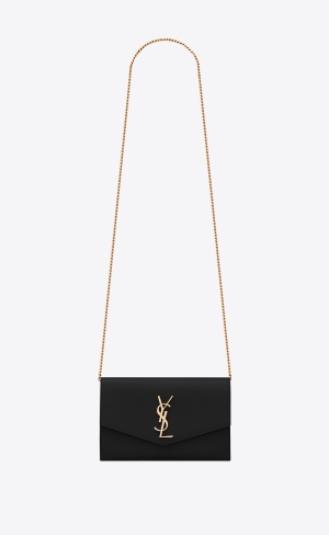 YSL Uptown Chain Wallet In Grain De Poudre Embossed Kozene Čierne | 16583-ROHY