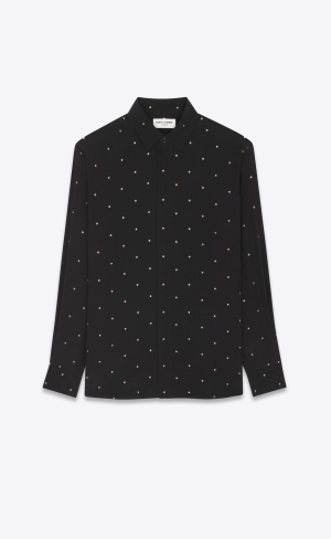 YSL Yves Collar Klasické Shirt In Dotted Crepe De Chine Noir Or | 26584-RGCM