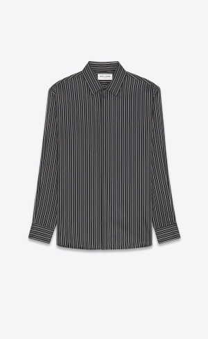 YSL Yves Collar Klasické Shirt In Pruhované Silk Noir Craie | 35420-WEMS